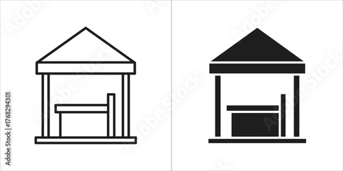 Two simple icons of a market stall, one outline and one filled
