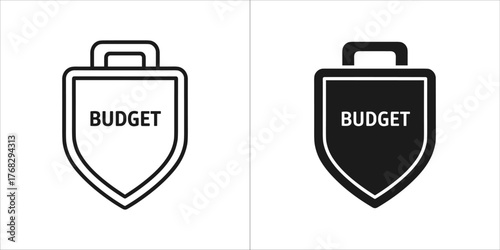 Two shield icons with the word budget, one outlined and one solid black
