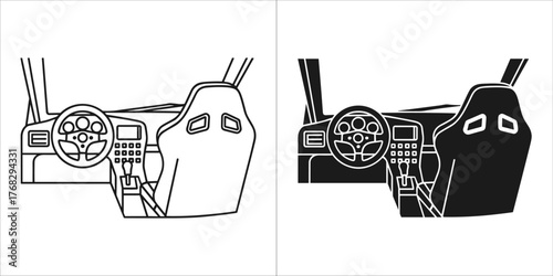 Two simple icons of a car interior with racing seats, one outline and one filled