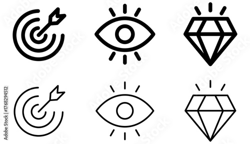 Mission, vission, values line icons featuring target with arrow, eye, and diamond symbols. for goals, strategy, quality, success, value, startup, and mission statements. for branding, UI, business