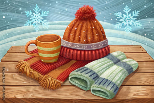 Knitted wool hat, scarf, and gloves placed on wooden table covered with snowflakes symbolizing winter warmth and cozy outdoor moments