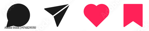 A set of social media interaction icons: Comment, Share, Like/Heart, and Save/Bookmark. app and web, engagement, messaging, likes, and digital interface design