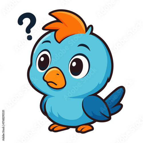 A cartoon blue bird ponders with a question