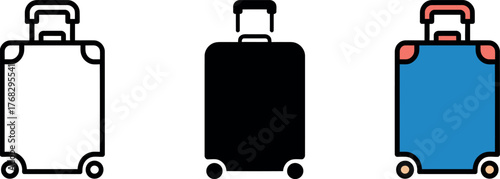 Three Suitcases Representing Travel Options in White Black and Blue Colors with Wheels