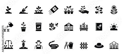 Collection of gardening and agriculture icons representing various aspects of growing plants