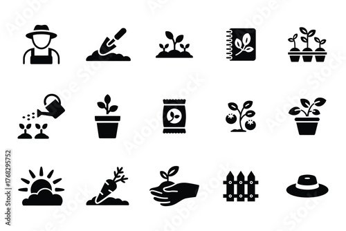 Gardening and agriculture icons representing various aspects of growing plants