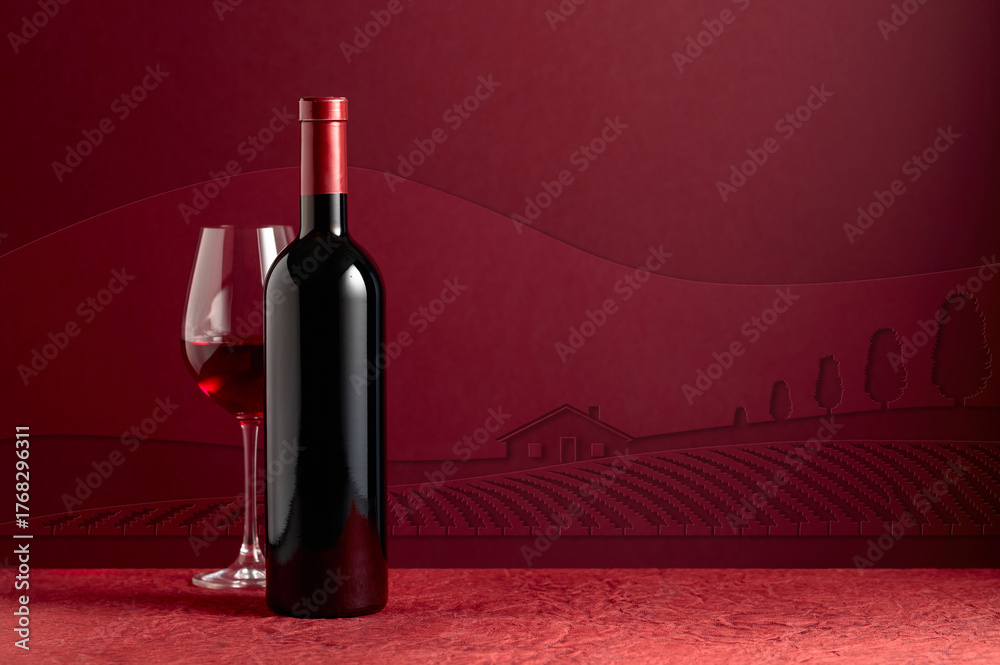 Obraz premium Bottle and glass of red wine on a red background.