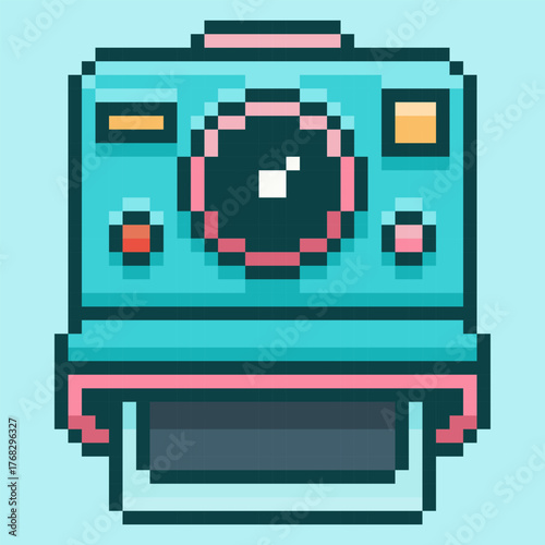 A vibrant pixel art of a classic instant camera, complete with a fresh photo ejecting from the bottom, all designed in a charming 8-bit retro aesthetic, with its cool blue and pink tones