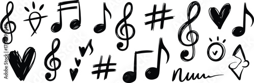 Musical notes hearts and symbols music notes treble clef