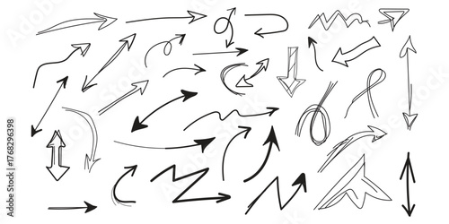 Collection of hand drawn sketchy arrows and directional symbols in black ink on white background
