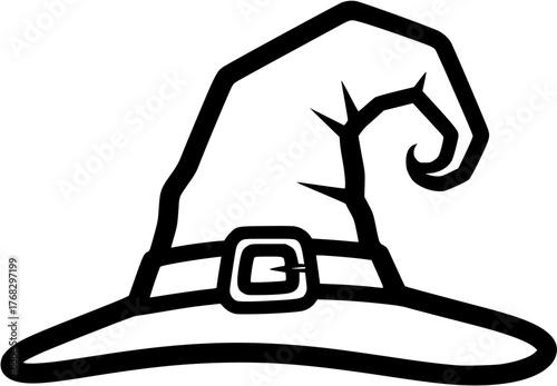 Black silhouette of curly witch hat on white background. Clipart image isolated on background.
