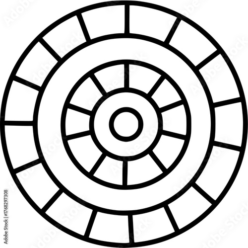 Spiral game board template for Game of the Goose in black and white line art. Clipart image.
