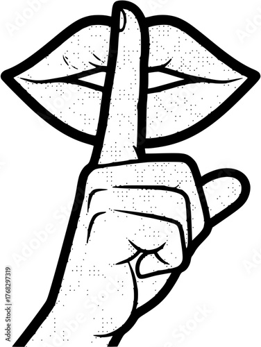Halftone illustration of hand gesturing silence with finger on lips in black and white style. Clipart image.
