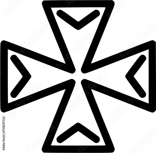 Black and white Maltese cross icon symbolizing firefighter profession. Clipart image isolated on background.
