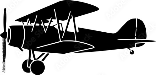Black silhouette of vintage biplane on white background. Clipart image isolated on background.
