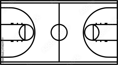 Top view basketball court black and white drawing image. Clipart image

