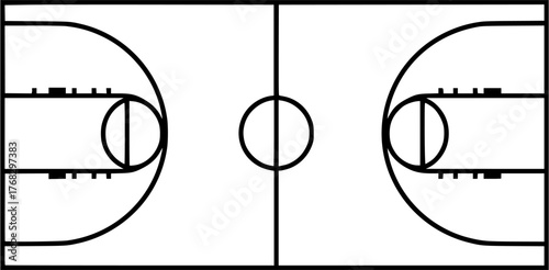 Top view basketball court black and white drawing image. Clipart image
