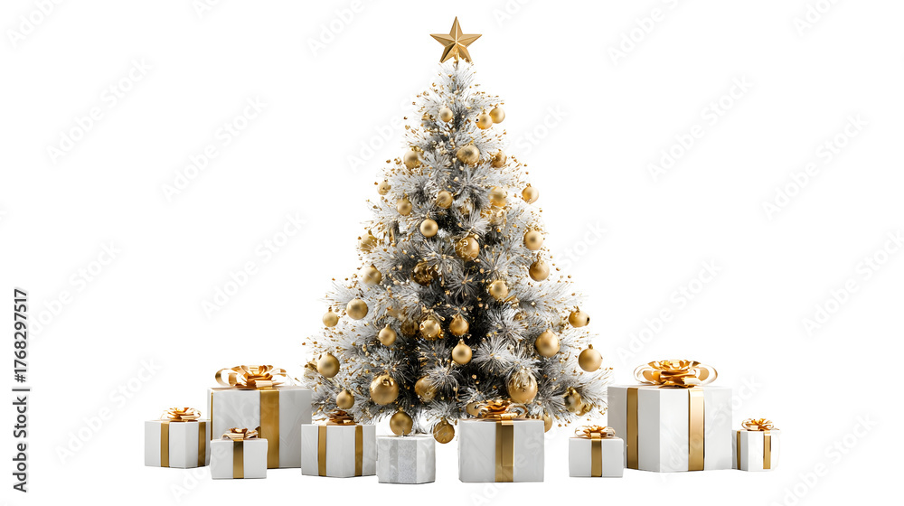 Naklejka premium Elegant christmas tree with golden decorations and gift boxes for festive holiday decor