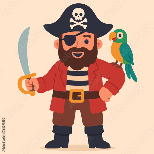 Pirate with a parrot and sword. Vector illustration.