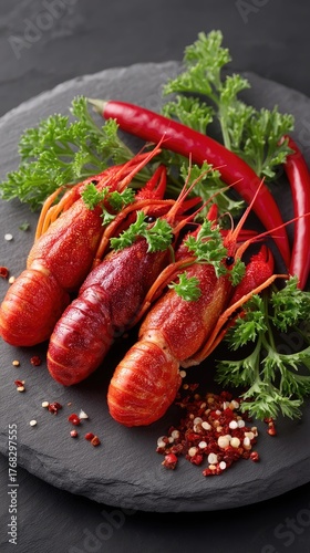 Three Red Cooked Crayfish Garnished With Parsley And Red Chilies On A Slate Plate With Spices Scattered Around Overhead View