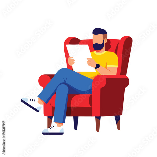 A casually dressed bearded man with dark hair sits comfortably in a red wingback armchair reading a paper.
