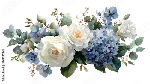 Elegant watercolor floral arrangement with white roses and blue hydrangeas for decorative use