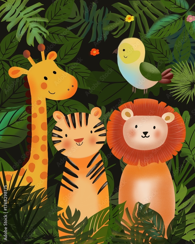 Fototapeta premium Whimsical jungle illustration with giraffe, tiger, lion, and bird surrounded by lush green leaves. Playful watercolor style perfect for children’s books, educational media, and decorative use. 