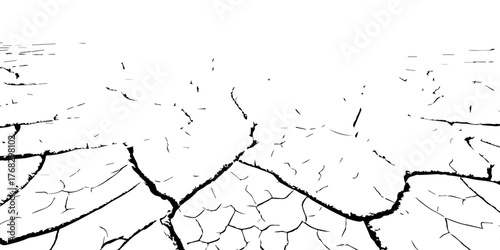 Vector illustration of cracked dry ground texture showing parched soil and drought effect. Black and white cracked earth background symbolizing climate change, arid environment, and dehydration.