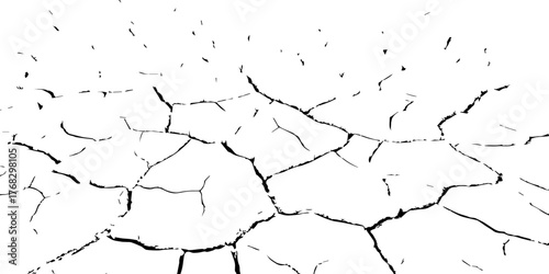 Vector illustration of cracked dry ground texture showing parched soil and drought effect. Black and white cracked earth background symbolizing climate change, arid environment, and dehydration.