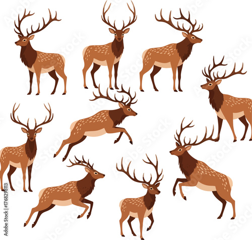 A collection of stylized male elk illustrations in various dynamic poses showcasing their large branching antlers and powerful stances.