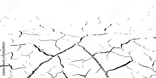 Vector illustration of cracked dry ground texture showing parched soil and drought effect. Black and white cracked earth background symbolizing climate change, arid environment, and dehydration.