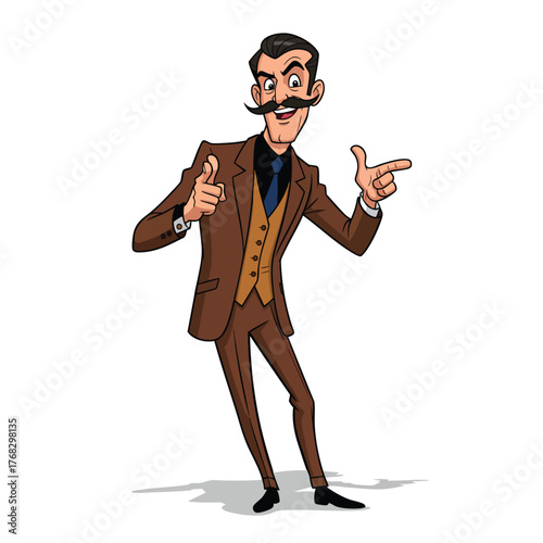 A dapper cartoon man in a brown suit with a large curly mustache smiling and pointing confidently.