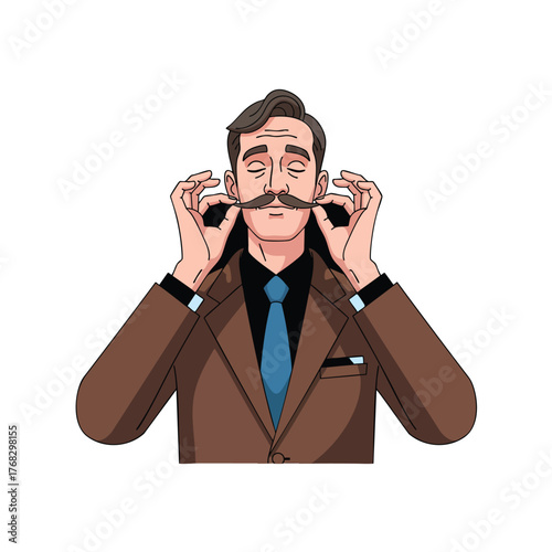 A dapper man in a brown suit and blue tie meticulously twirls his handlebar mustache with both hands.