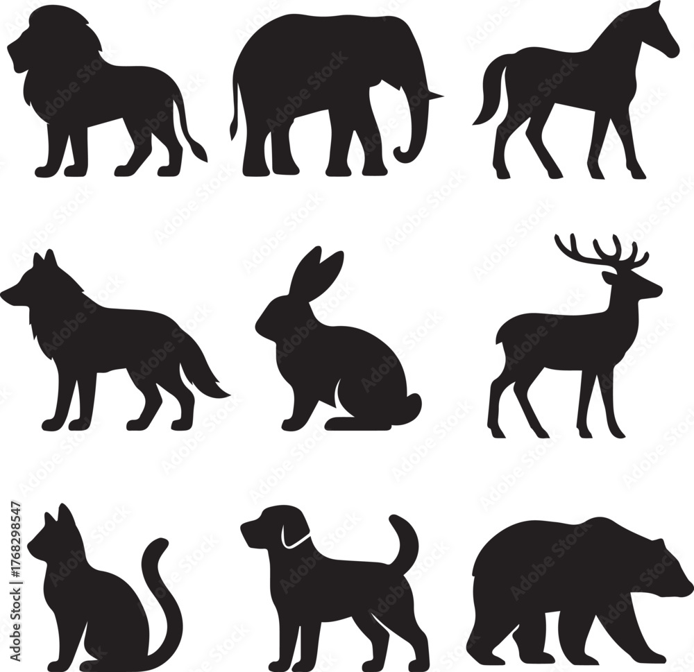 Obraz premium A collection of various wild and domestic animal silhouettes, including a lion, elephant, horse, and bear, presented as a versatile set of icons
