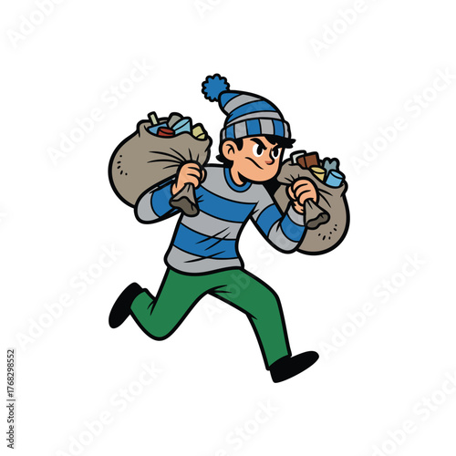 Cartoon burglar in striped beanie and shirt running away with two large sacks of loot.