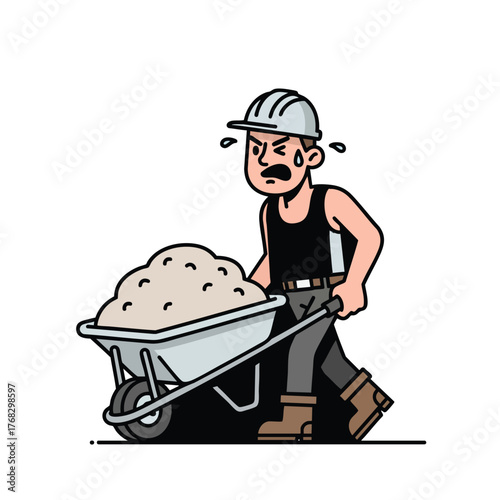 Cartoon construction worker in a hard hat straining to push a heavy overflowing wheelbarrow.