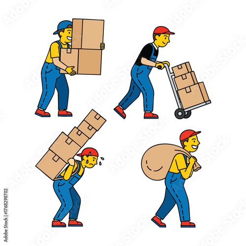 Cartoon delivery man character set in various poses carrying boxes pushing a dolly and holding a sack.