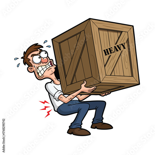 Cartoon man straining to lift a heavy wooden crate showing signs of severe back pain.