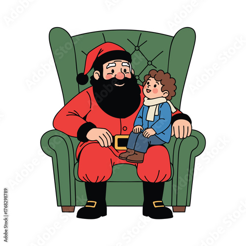 Cartoon Santa Claus with a black beard and a child on his lap sitting in a green armchair.