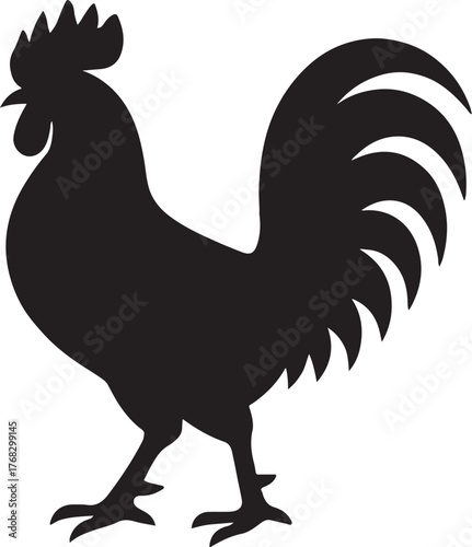 Silhouette of a proud rooster standing tall with its tail feathers spread