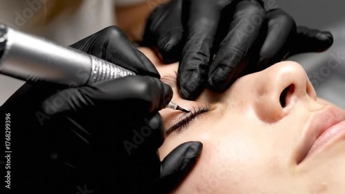 Close Up Portrait of a Woman Receiving Permanent Makeup on Eyebrows with a Microblading Device by a Technician Wearing Black Gloves Detailed Shot of Cosmetic Procedure on Light Skin