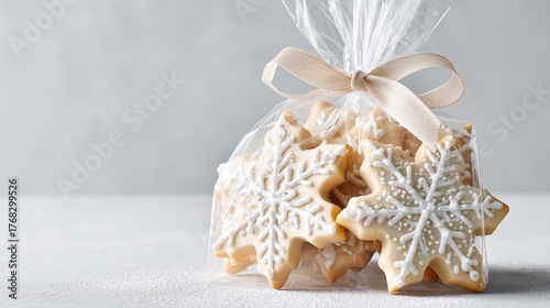 Beautifully decorated snowflake cookies in a clear bag tied with a ribbon during winter celebrations