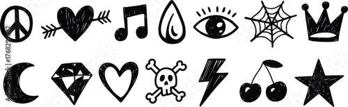 Diverse doodle icons bundle peace sign heart with arrow