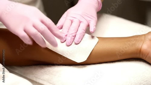 Arm Waxing Procedure Close Up on White Towel with Pink Gloves Application of Hair Removal Treatment for Smooth Skin and Beauty Aesthetic Treatment with Professional Precision
