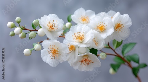 Delicate White Camellia Blossoms with Orange Stamens on a Branch with Green Leaves Against a Soft Gray Background