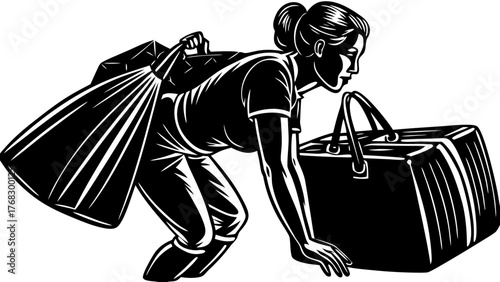 Woman Carrying Heavy Shopping Bags Silhouette - Overburdened Vector Graphic