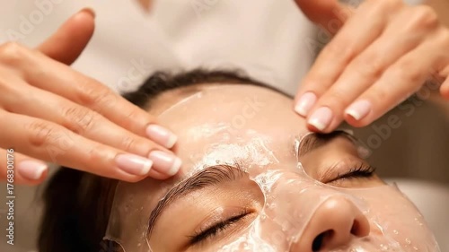Facial Mask Application for Skincare Routine at Beauty Clinic Close Up View Woman with Sheet Mask During Treatment Against White Background for Advertising and Commercial Use