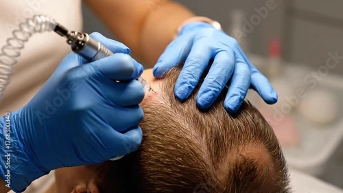 Scalp Micropigmentation Treatment Procedure on Man Head in Beauty Clinic with Blue Gloves Skin Care Medical Treatment for Hair Loss with Professional Equipment Medical Process Close Up Shot