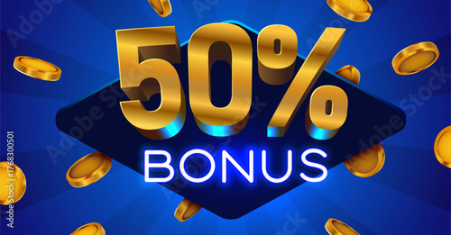 Golden 50 Bonus Promotion Design. Vibrant blue background with metallic numbers, neon text, and falling coins. Vector illustration.