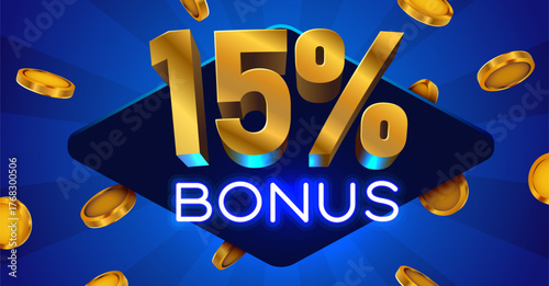Golden 15 Bonus Promotion Design. Vibrant blue background with metallic numbers, neon text, and falling coins. Vector illustration.